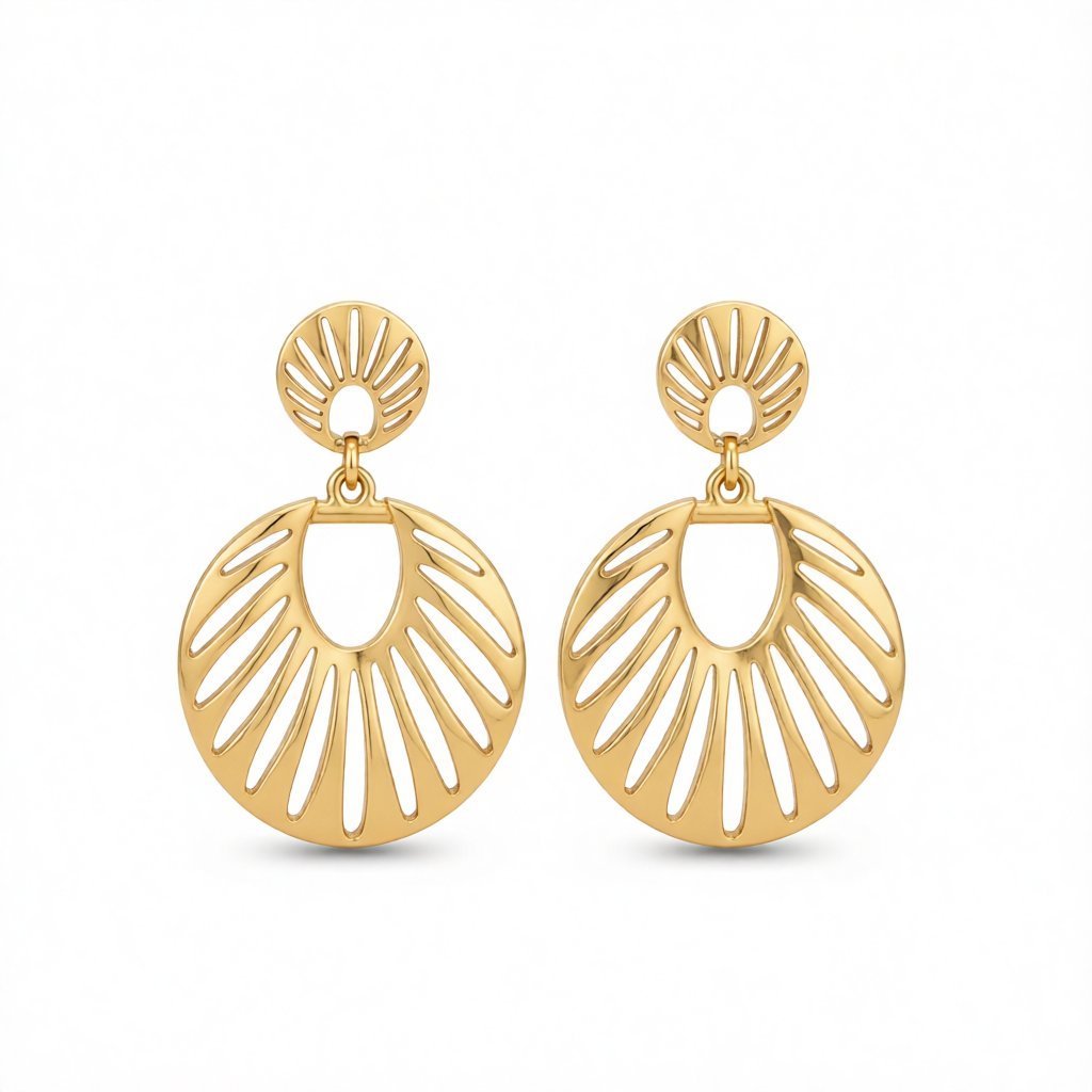 18K Gold-Plated Openwork Fan Drop Earrings, gold drop earrings for women, everyday style, side view
