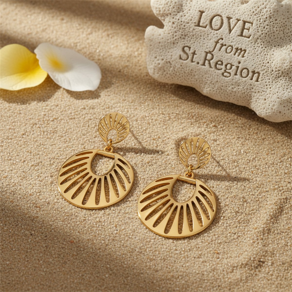 18K Gold-Plated Openwork Fan Drop Earrings, gold drop earrings for women, everyday style, lifestyle look