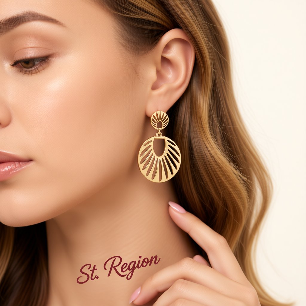 18K Gold-Plated Openwork Fan Drop Earrings, gold drop earrings for women, everyday style, styled look