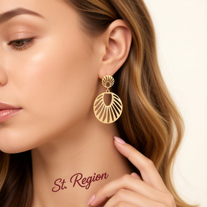 18K Gold-Plated Openwork Fan Drop Earrings, gold drop earrings for women, everyday style, styled look