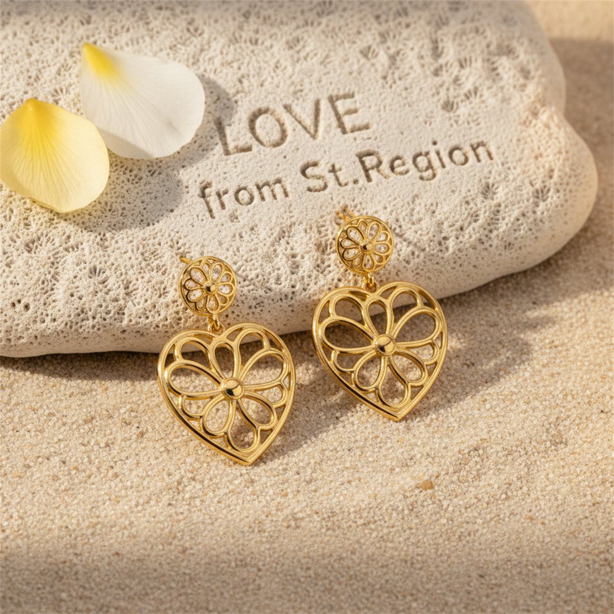 18K Gold-Plated Openwork Floral Heart Drop Earrings, gold drop earrings for women, vintage-inspired design, lifestyle look
