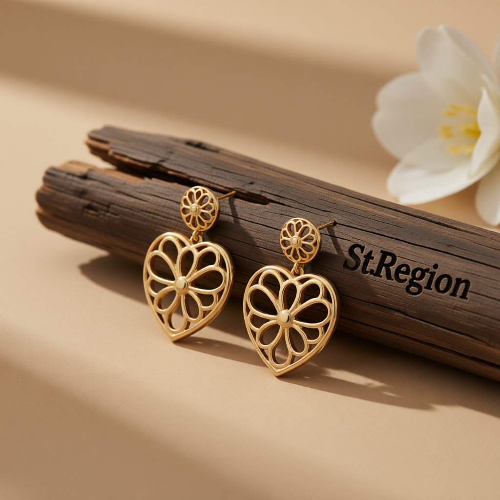 18K Gold-Plated Openwork Floral Heart Drop Earrings, gold drop earrings for women, vintage-inspired design, front view
