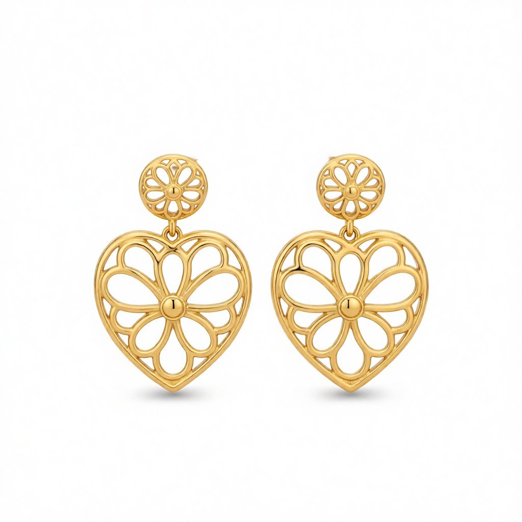 18K Gold-Plated Openwork Floral Heart Drop Earrings, gold drop earrings for women, vintage-inspired design, side view