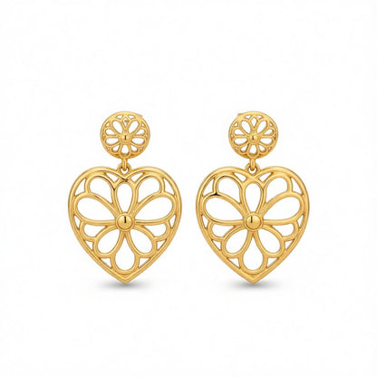 18K Gold-Plated Openwork Floral Heart Drop Earrings, gold drop earrings for women, vintage-inspired design, side view