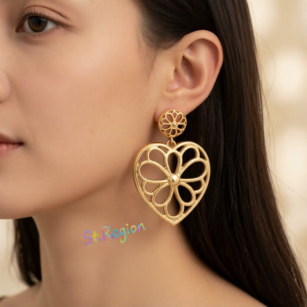 18K Gold-Plated Openwork Floral Heart Drop Earrings, gold drop earrings for women, vintage-inspired design, styled look