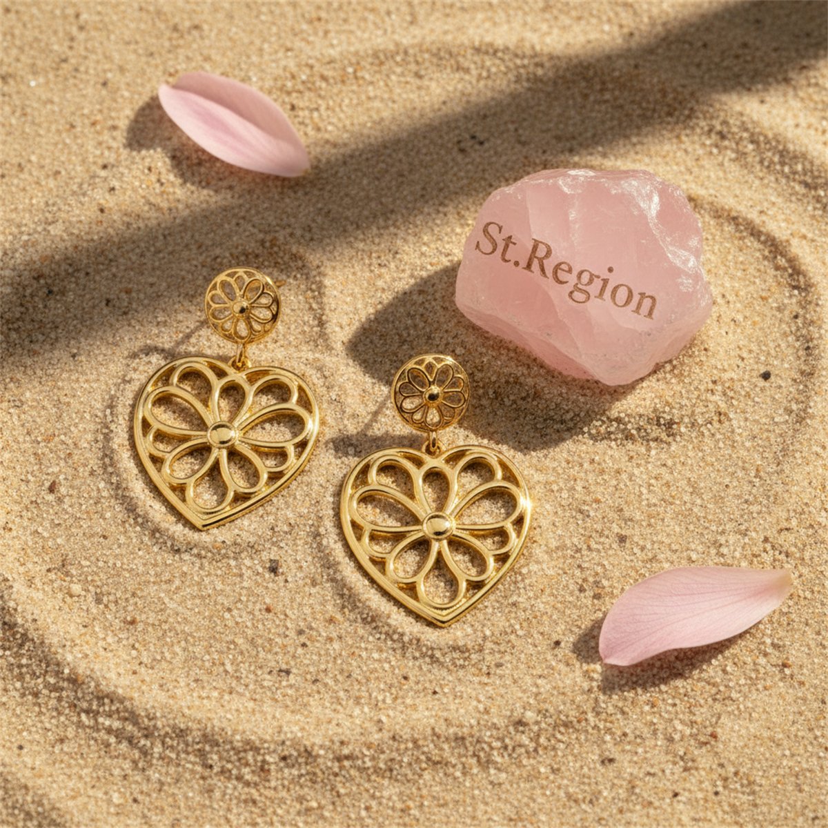 18K Gold-Plated Openwork Floral Heart Drop Earrings, gold drop earrings for women, vintage-inspired design, detail close-up