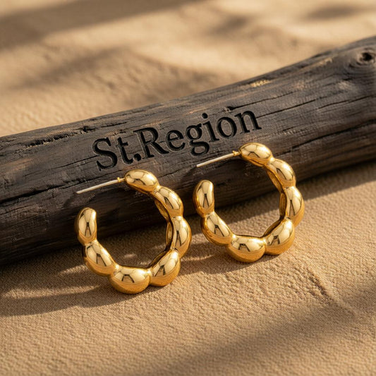 18K Gold-Plated Bead Hoop Earrings, gold huggie earrings, botanical inspired, front view