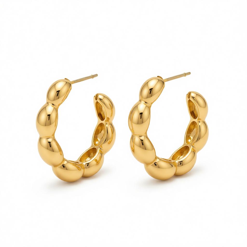 18K Gold-Plated Bead Hoop Earrings, gold huggie earrings, botanical inspired, side view