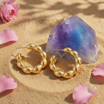 18K Gold-Plated Bead Hoop Earrings, gold huggie earrings, botanical inspired, detail close-up