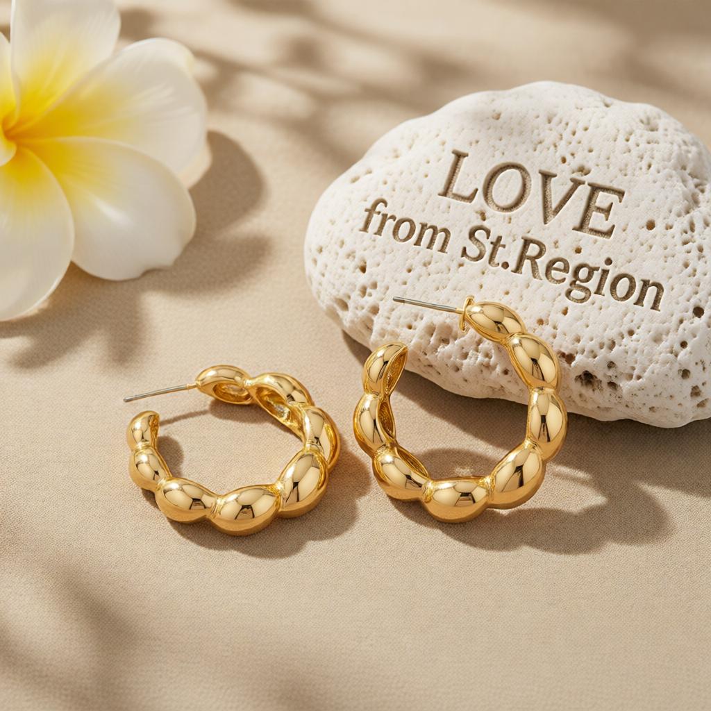 18K Gold-Plated Bead Hoop Earrings, gold huggie earrings, botanical inspired, lifestyle look