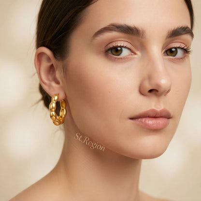 18K Gold-Plated Bead Hoop Earrings, gold huggie earrings, botanical inspired, styled look