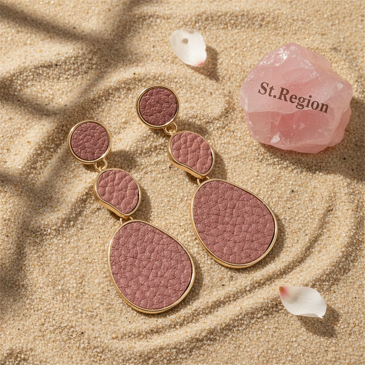 Pink Polystyrene and 18K Gold-Plated Oval Drop Earrings, gold drop earrings for women, elegant gift for her, detail close-up