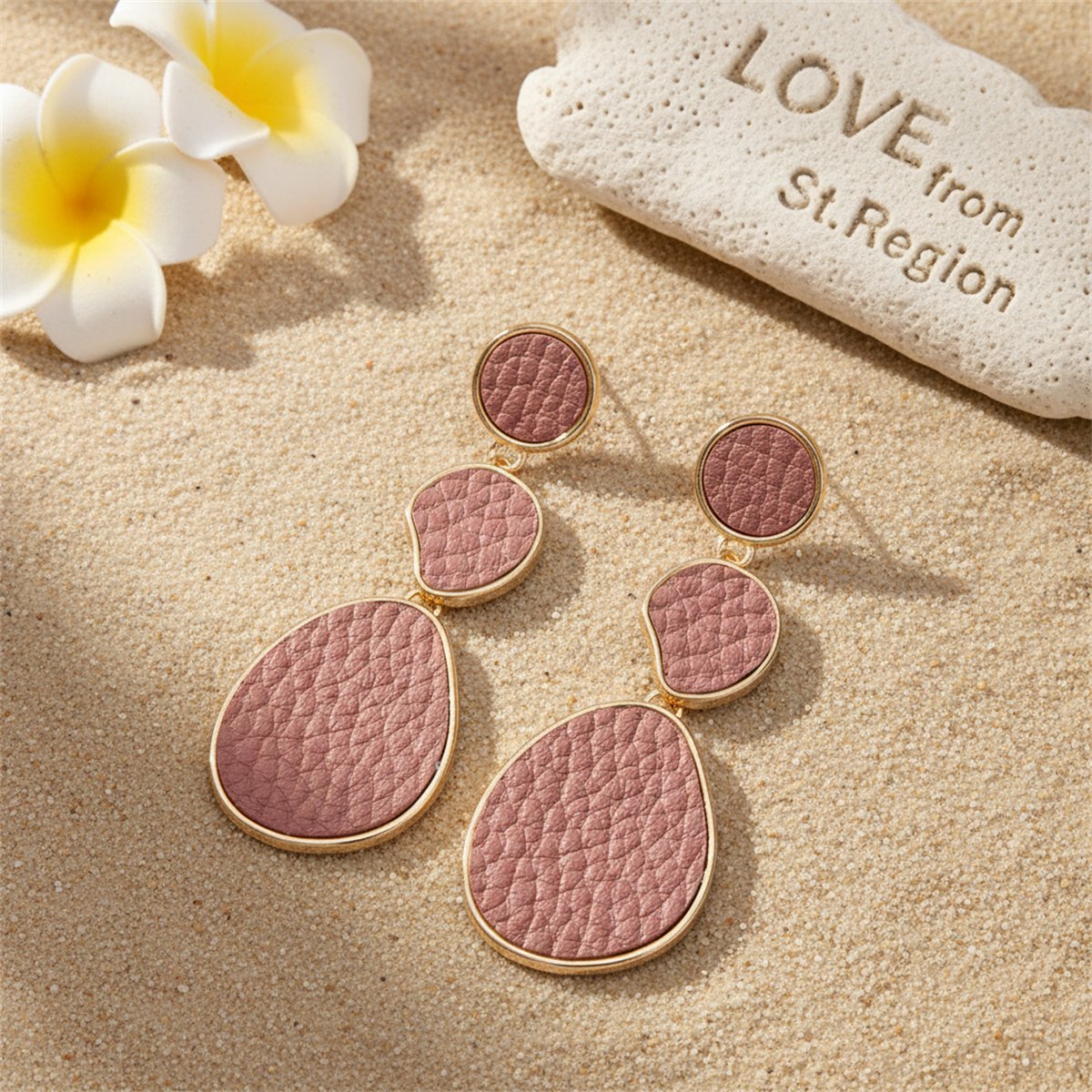 Pink Polystyrene and 18K Gold-Plated Oval Drop Earrings, gold drop earrings for women, elegant gift for her, lifestyle look