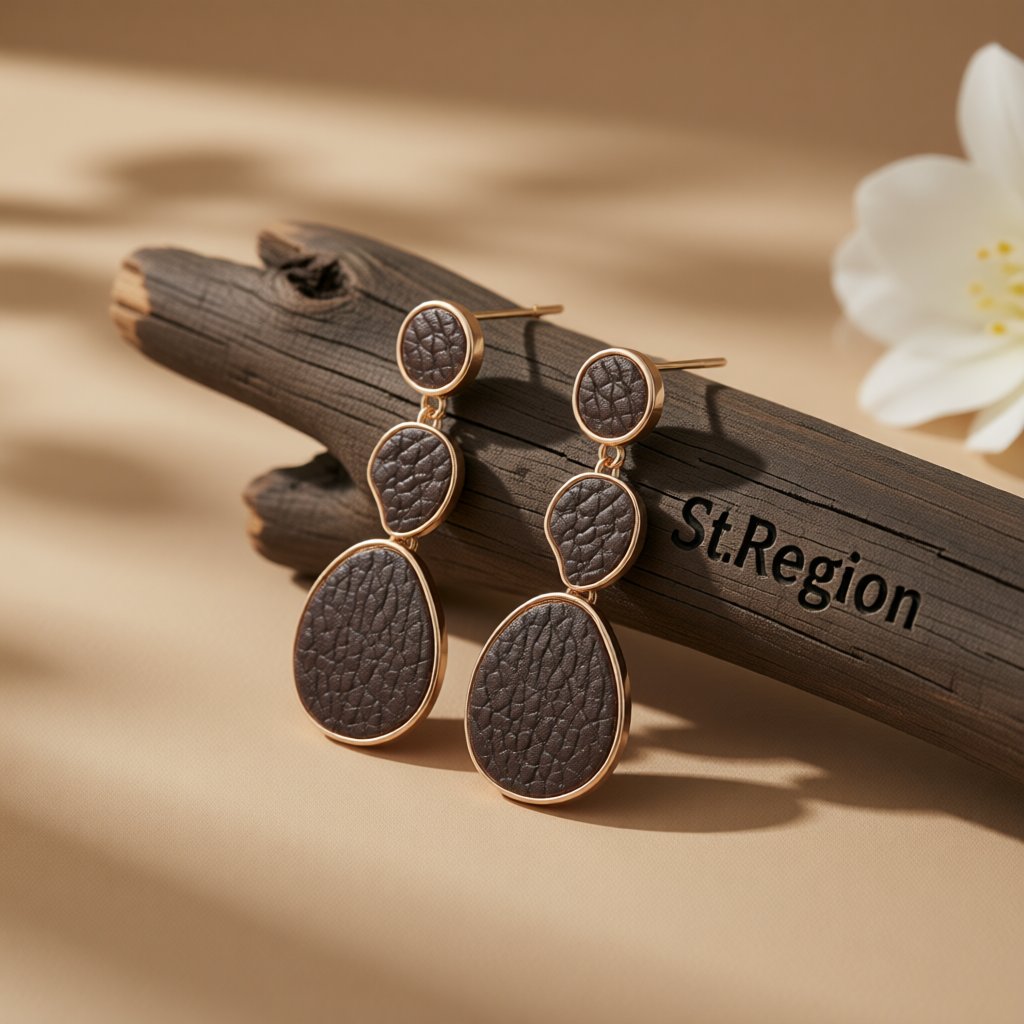 Dark Brown Polystyrene and 18K Gold-Plated Oval Drop Earrings, gold drop earrings for women, front view