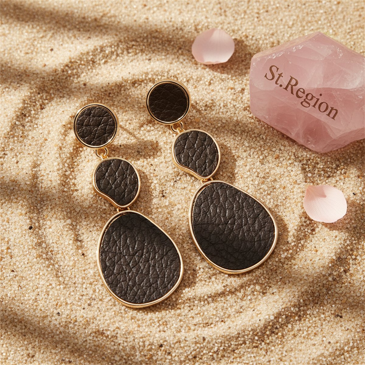 Dark Brown Polystyrene and 18K Gold-Plated Oval Drop Earrings, gold drop earrings for women, detail close-up
