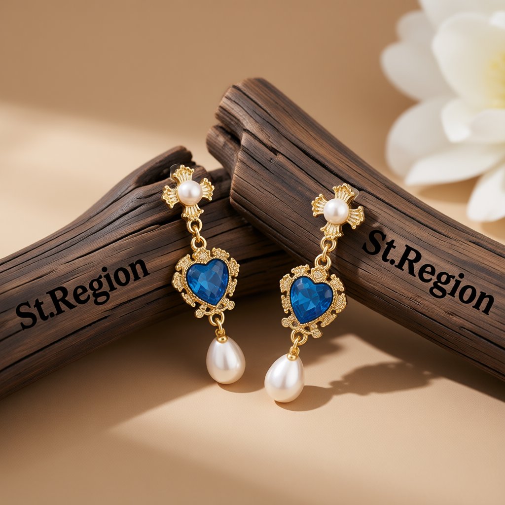 Blue Crystal and Pearl 18K Gold-Plated Floral Heart Drop Earrings, gold drop earrings for women, front view