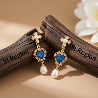 Blue Crystal and Pearl 18K Gold-Plated Floral Heart Drop Earrings, gold drop earrings for women, front view