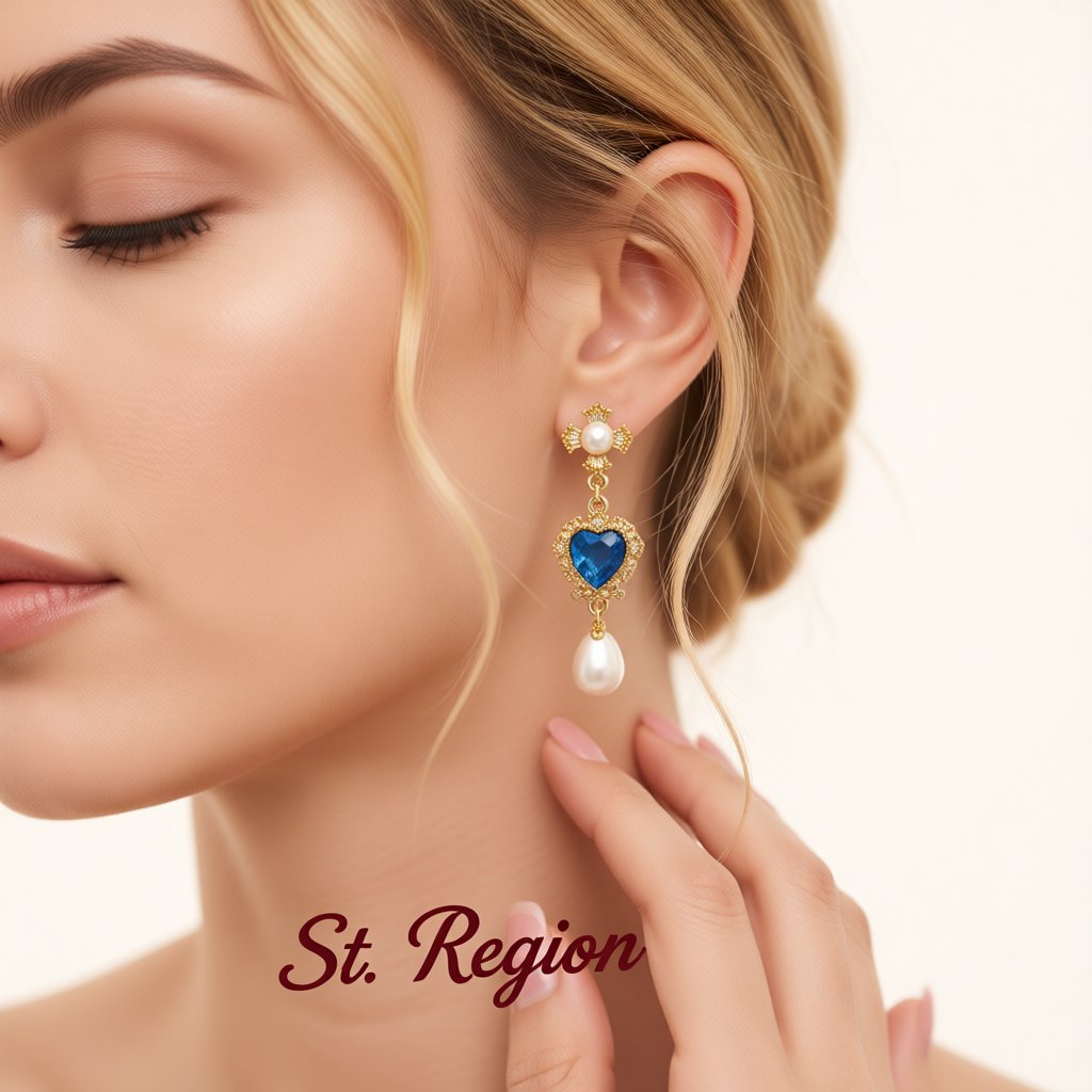 Blue Crystal and Pearl 18K Gold-Plated Floral Heart Drop Earrings, gold drop earrings for women, styled look