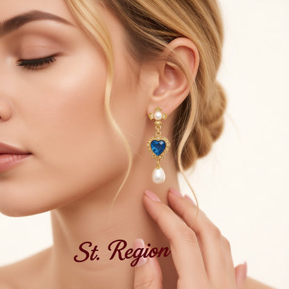 Blue Crystal and Pearl 18K Gold-Plated Floral Heart Drop Earrings, gold drop earrings for women, styled look