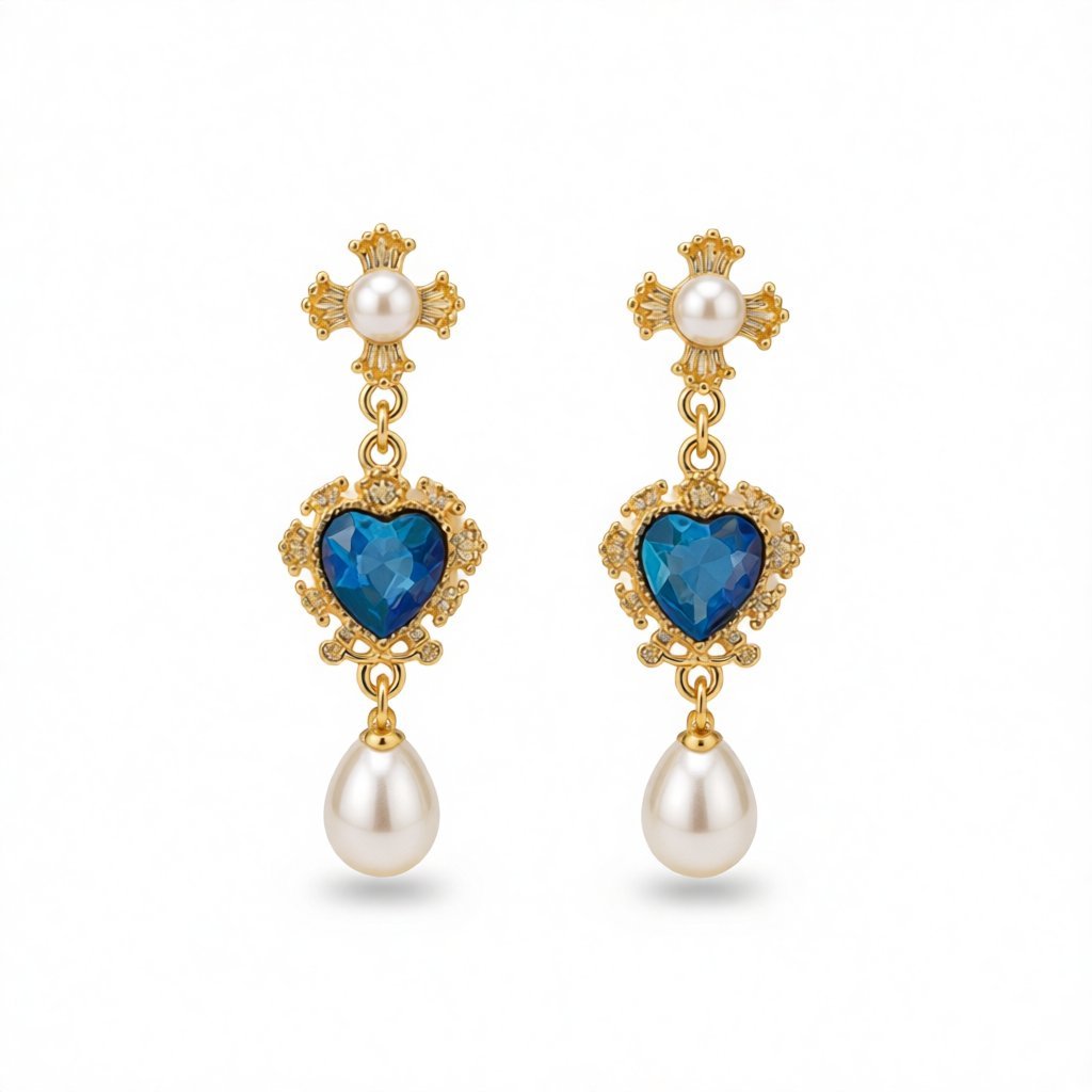 Blue Crystal and Pearl 18K Gold-Plated Floral Heart Drop Earrings, gold drop earrings for women, side view
