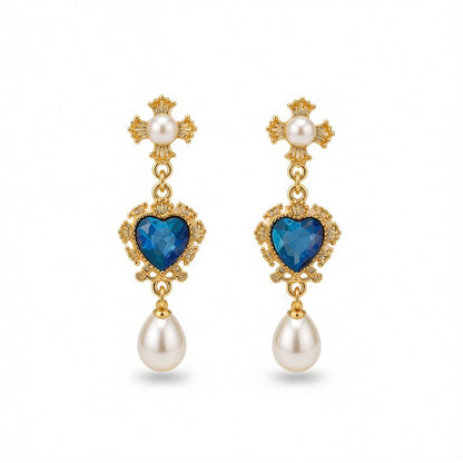 Blue Crystal and Pearl 18K Gold-Plated Floral Heart Drop Earrings, gold drop earrings for women, side view