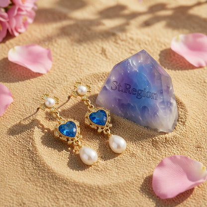 Blue Crystal and Pearl 18K Gold-Plated Floral Heart Drop Earrings, gold drop earrings for women, detail close-up