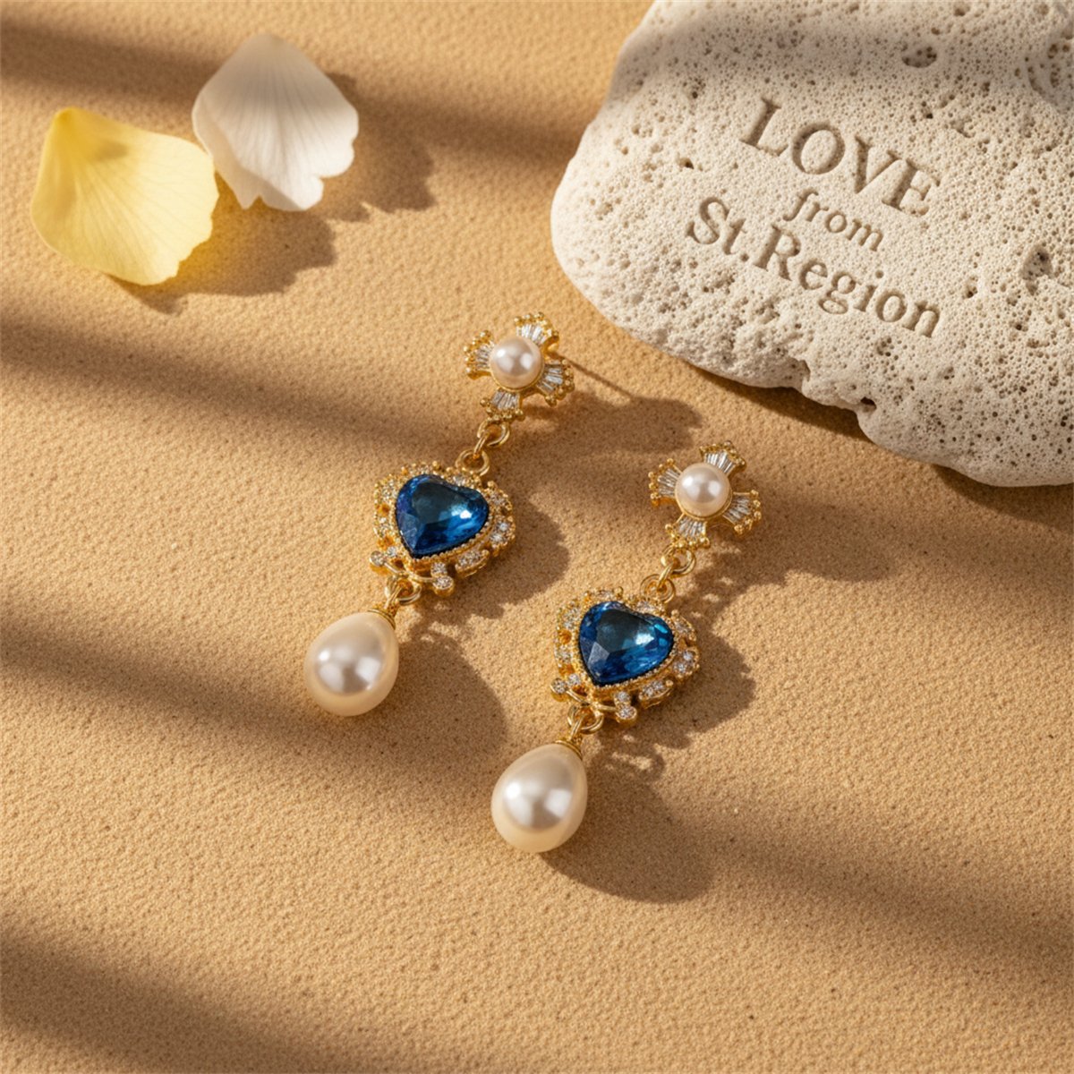 Blue Crystal and Pearl 18K Gold-Plated Floral Heart Drop Earrings, gold drop earrings for women, lifestyle look