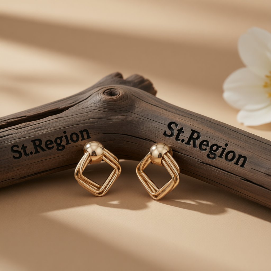 18K Gold-Plated Small Stacked Rhombus Stud Earrings, gold stud earrings for women, vintage-inspired design, front view