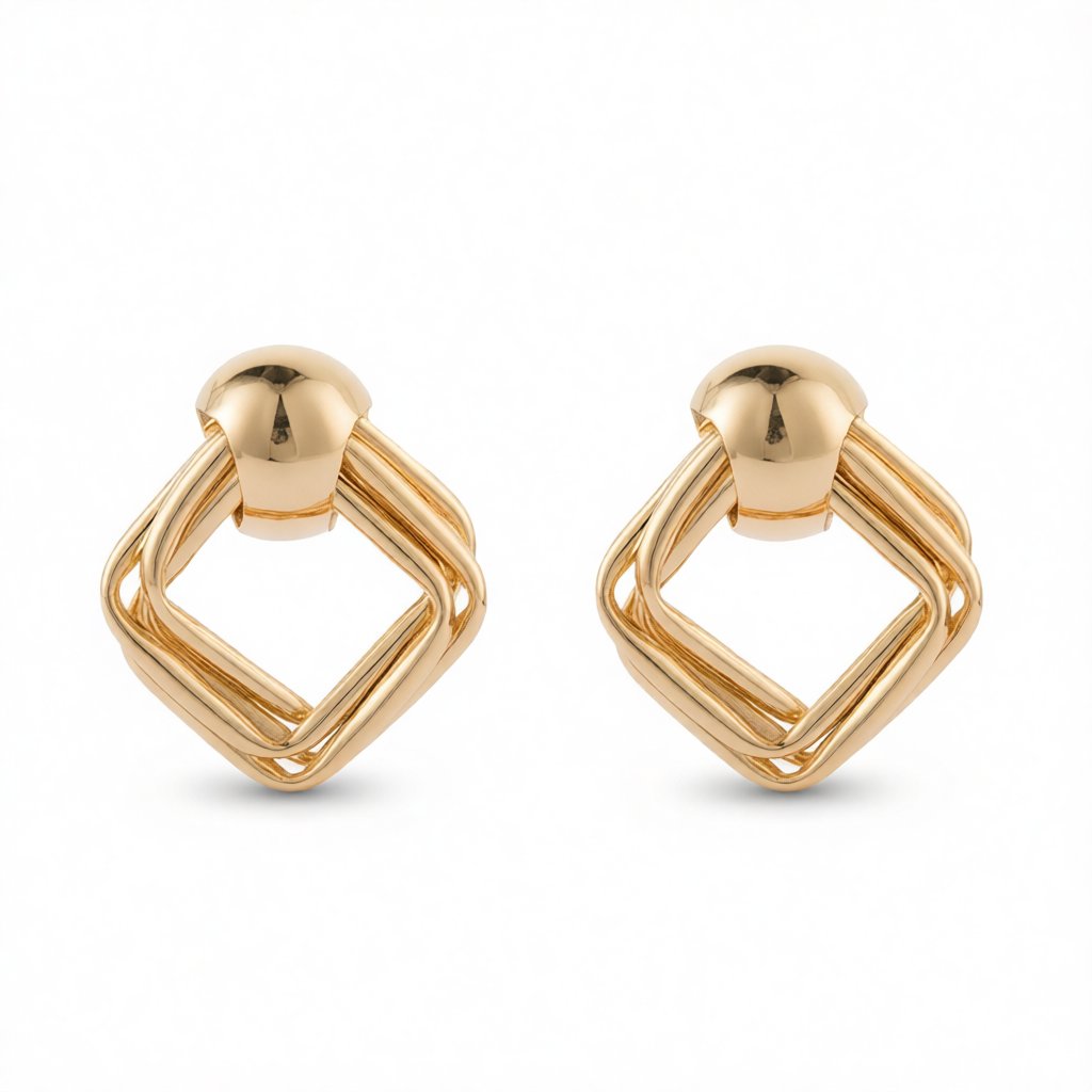 18K Gold-Plated Small Stacked Rhombus Stud Earrings, gold stud earrings for women, vintage-inspired design, side view