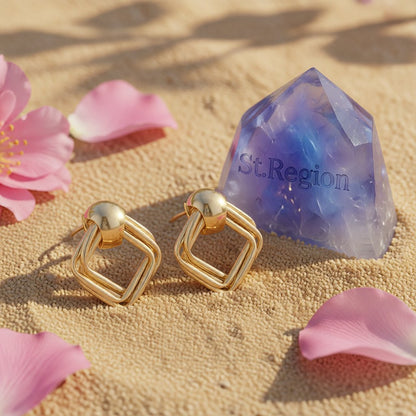 18K Gold-Plated Small Stacked Rhombus Stud Earrings, gold stud earrings for women, vintage-inspired design, detail close-up