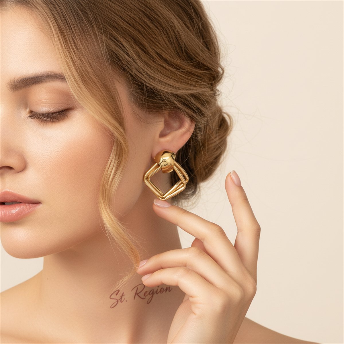 18K Gold-Plated Small Stacked Rhombus Stud Earrings, gold stud earrings for women, vintage-inspired design, styled look