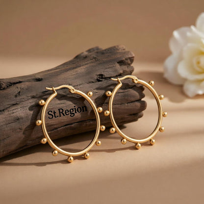 18K Gold-Plated Beaded Hoop Earrings, gold huggie earrings, elegant gift for her, front view