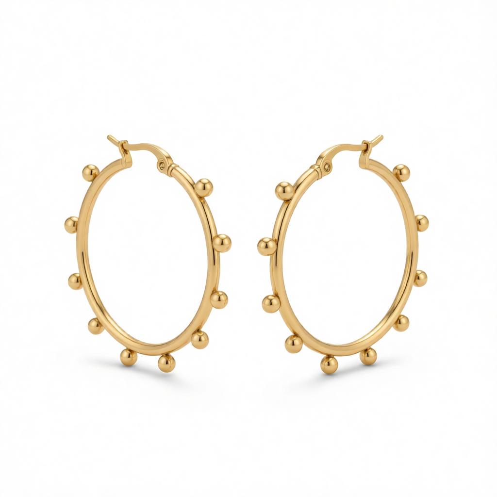 18K Gold-Plated Beaded Hoop Earrings, gold huggie earrings, elegant gift for her, side view