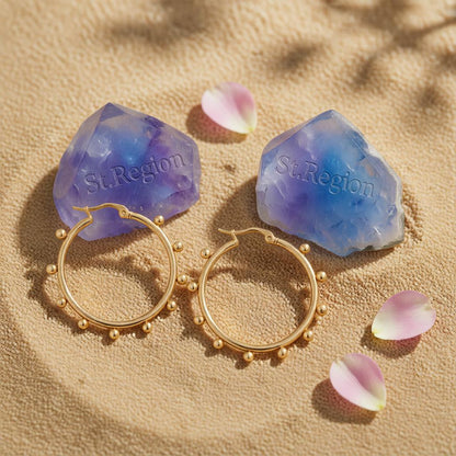 18K Gold-Plated Beaded Hoop Earrings, gold huggie earrings, elegant gift for her, detail close-up