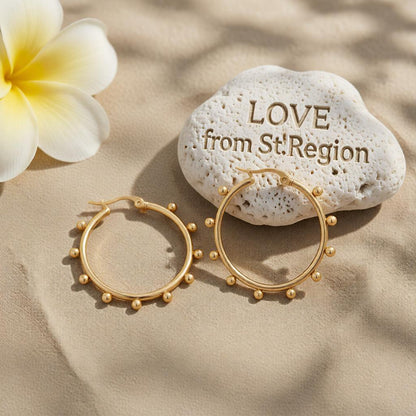 18K Gold-Plated Beaded Hoop Earrings, gold huggie earrings, elegant gift for her, lifestyle look