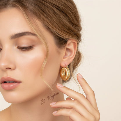 18K Gold-Plated Shell Huggie Earrings, gold stud earrings for women, vintage-inspired design, styled look