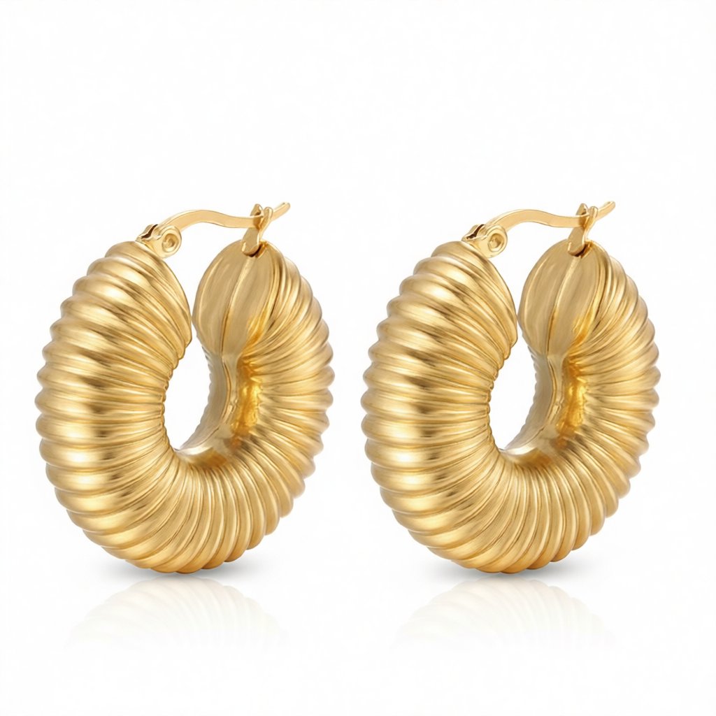 18K Gold-Plated Shell Huggie Earrings, gold stud earrings for women, vintage-inspired design, side view