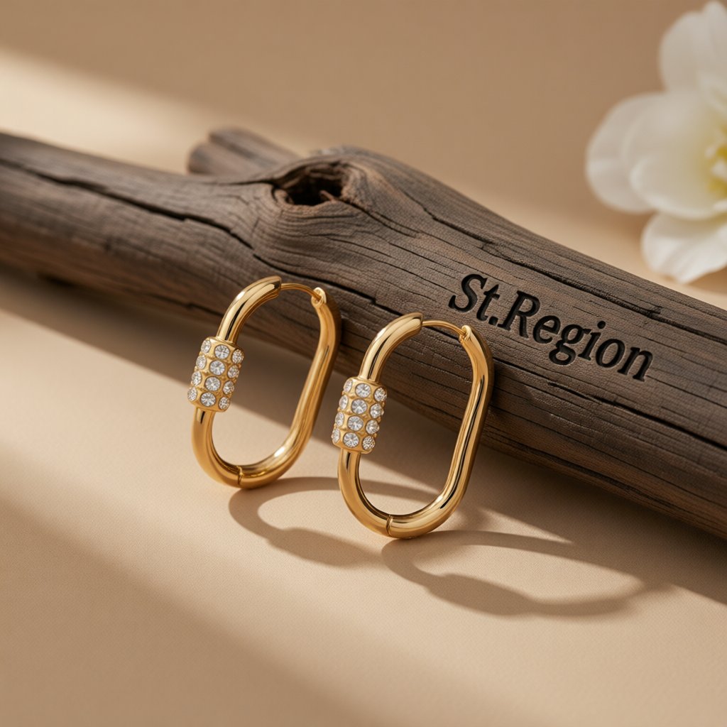 Cubic Zirconia and 18K Gold-Plated Coil Oval Huggie Earrings, gold huggie earrings, botanical inspired, front view