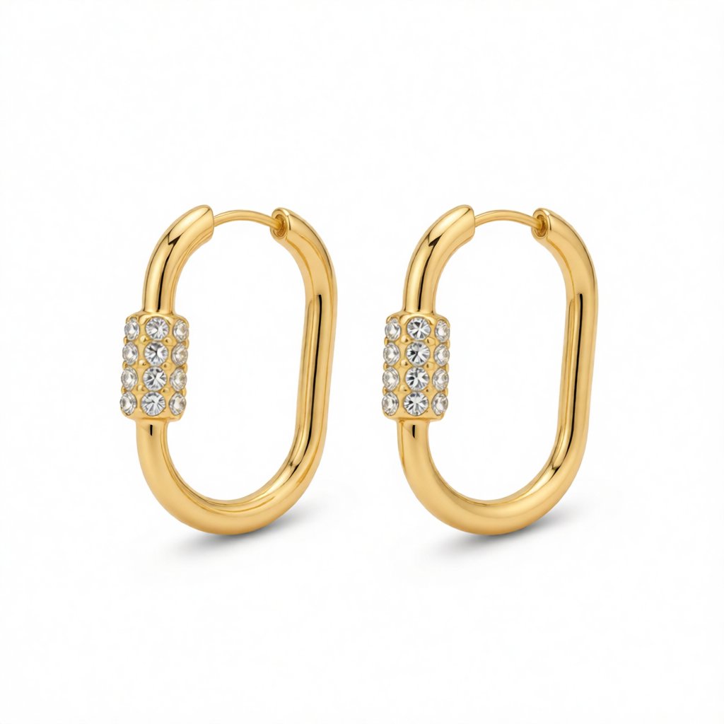 Cubic Zirconia and 18K Gold-Plated Coil Oval Huggie Earrings, gold huggie earrings, botanical inspired, side view