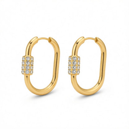 Cubic Zirconia and 18K Gold-Plated Coil Oval Huggie Earrings, gold huggie earrings, botanical inspired, side view