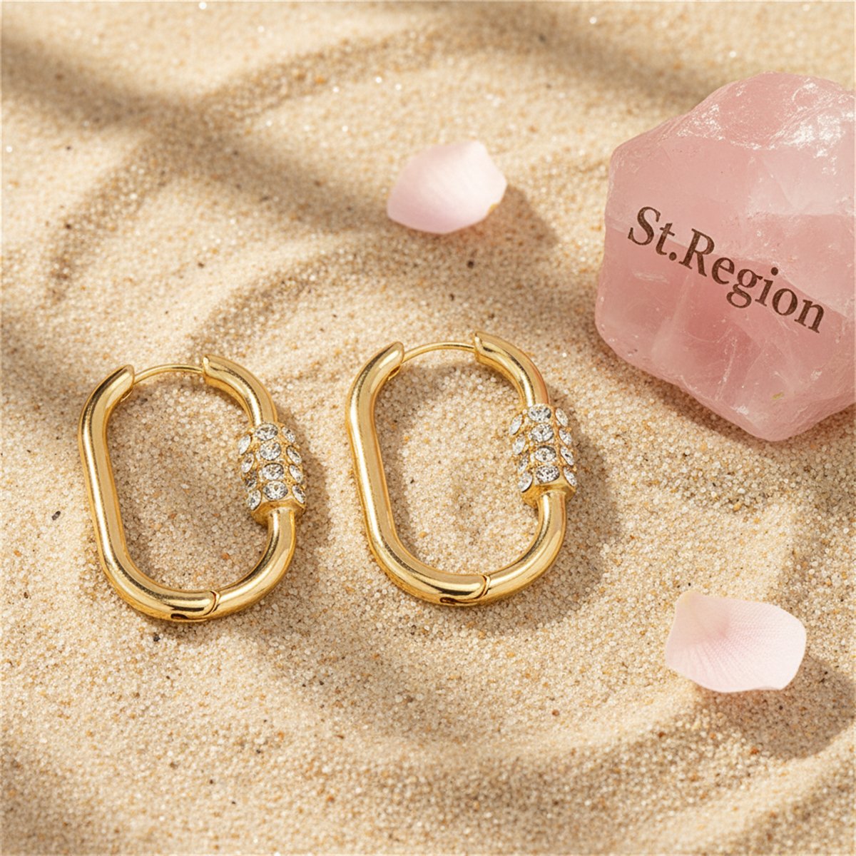 Cubic Zirconia and 18K Gold-Plated Coil Oval Huggie Earrings, gold huggie earrings, botanical inspired, detail close-up