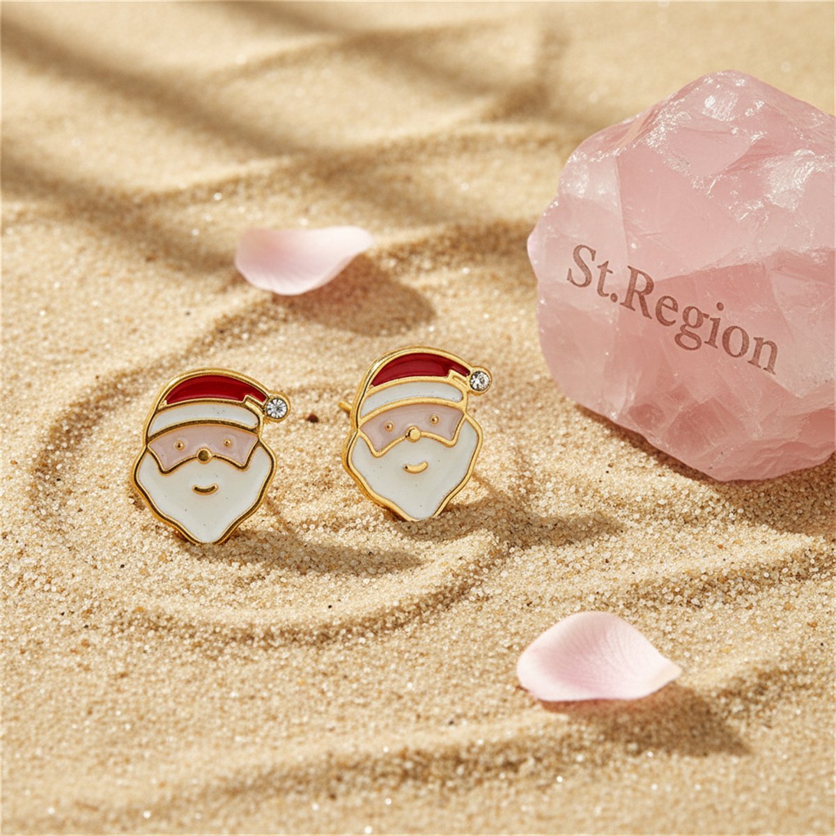 Cubic Zirconia and 18K Gold-Plated Santa Stud Earrings, gold stud earrings for women, detail close-up