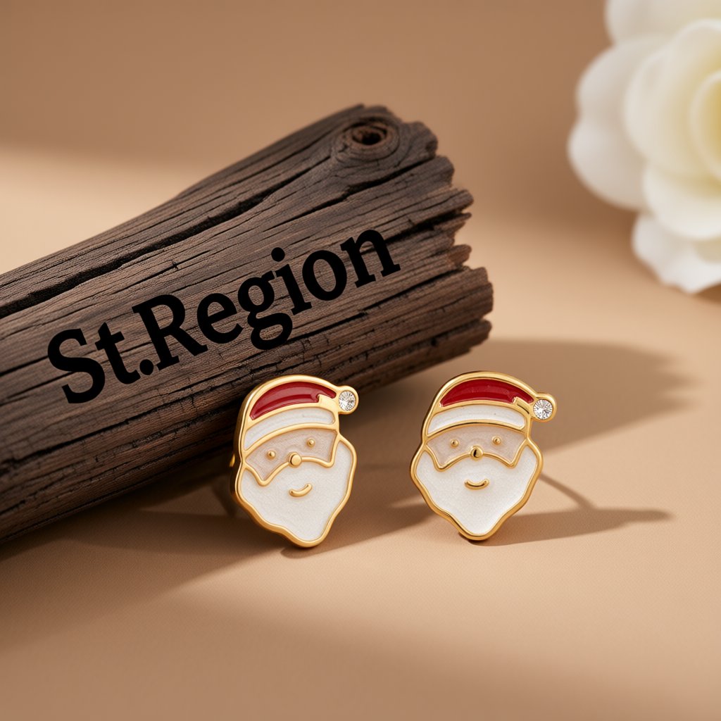 Cubic Zirconia and 18K Gold-Plated Santa Stud Earrings, gold stud earrings for women, dainty minimalist design, front view