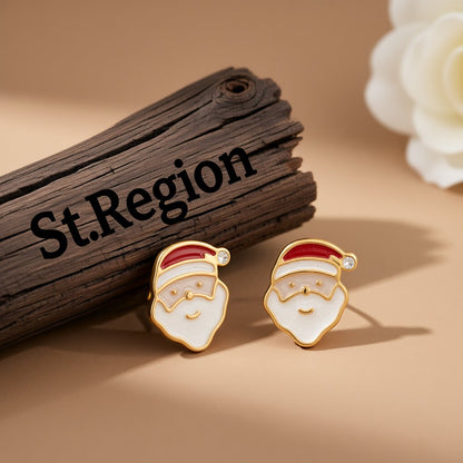 Cubic Zirconia and 18K Gold-Plated Santa Stud Earrings, gold stud earrings for women, dainty minimalist design, front view