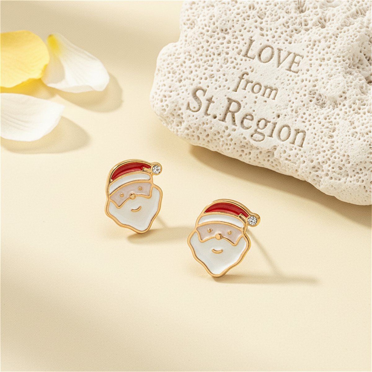 Cubic Zirconia and 18K Gold-Plated Santa Stud Earrings, gold stud earrings for women, lifestyle look