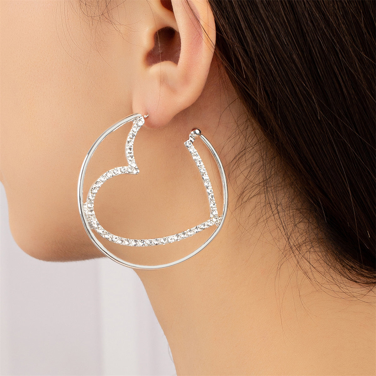 Cubic Zirconia & Silver-Plated Heart Huggie Earrings