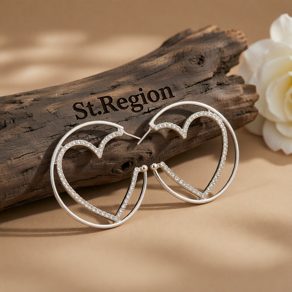 Cubic Zirconia and Silver-Plated Heart Huggie Earrings, silver huggie earrings, dainty minimalist design, front view