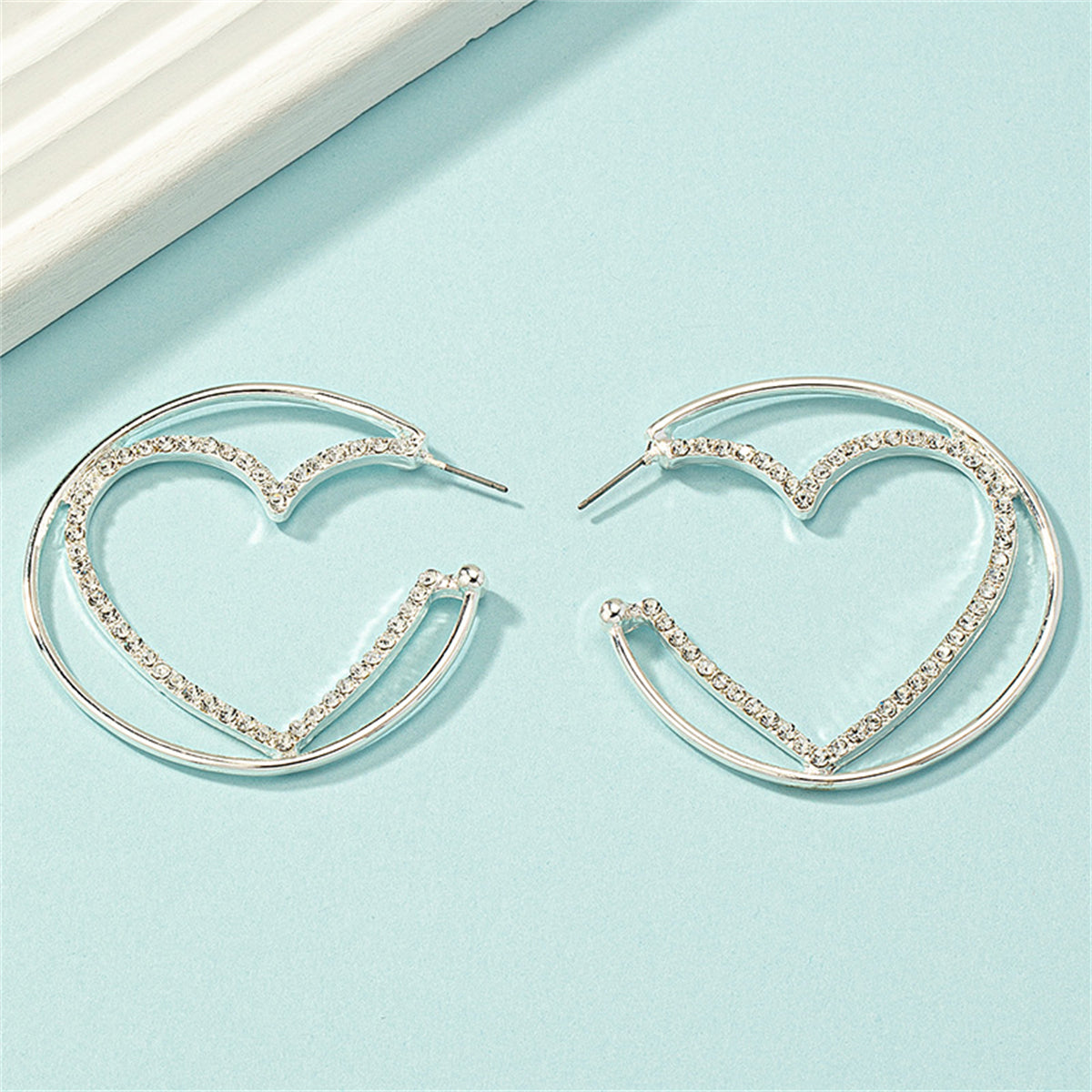 Cubic Zirconia & Silver-Plated Heart Huggie Earrings