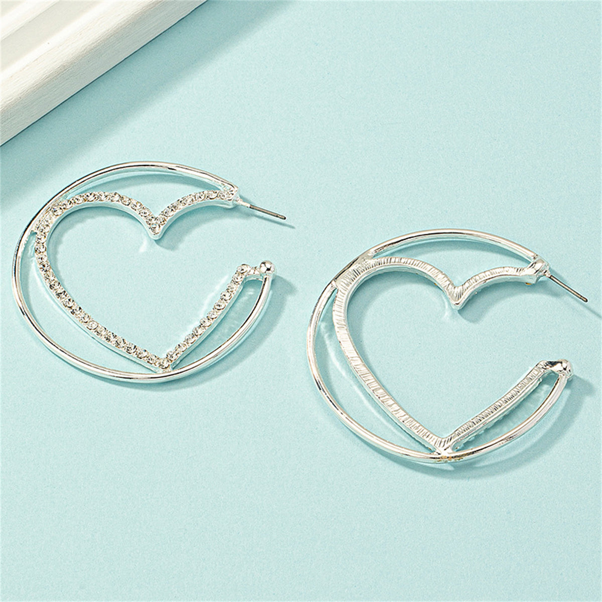 Cubic Zirconia & Silver-Plated Heart Huggie Earrings