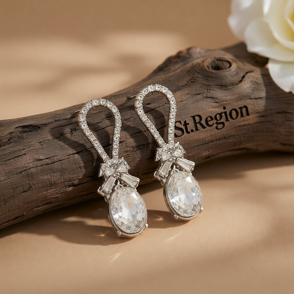 Crystal and Cubic Zirconia Silver-Plated Bow Oval Dangle Earring, silver drop earrings for women, front view